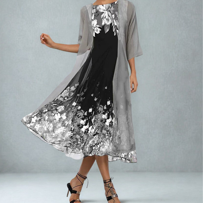 Liana | Three-Quarter Sleeve Floral A-Line Midi Dress