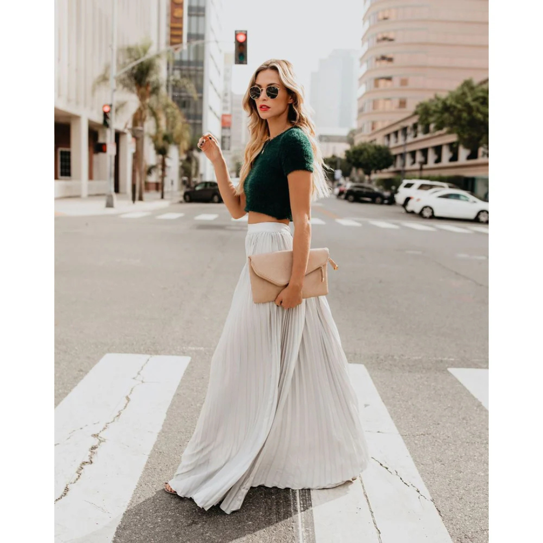 Maxi skirt showing accordion pleats