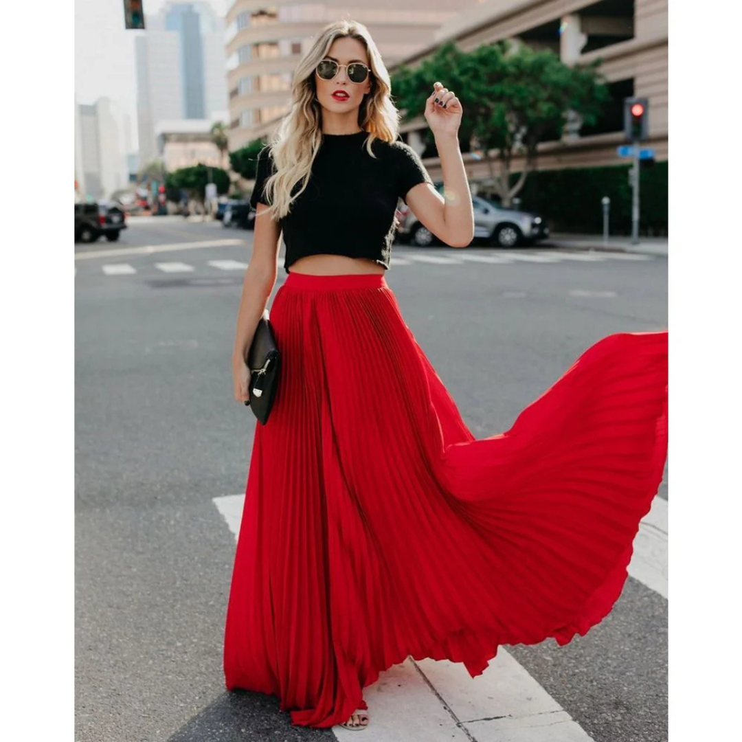 High-waist pleated maxi skirt, back view