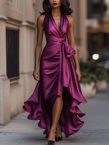 Lisette | High-Low Hem V-Neck Wrap Midi Dress