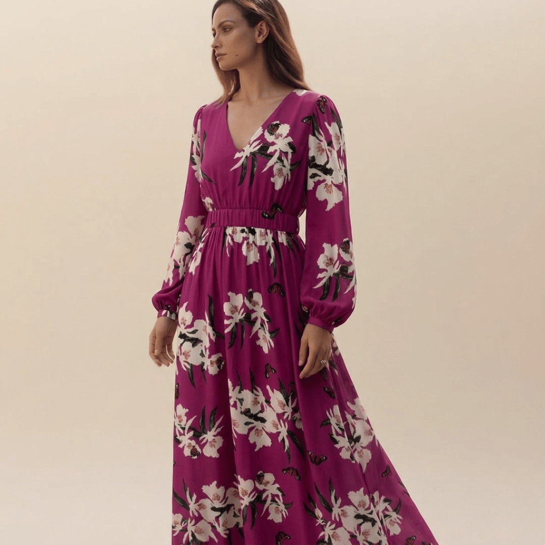 Flora | V-Neck Long Sleeve Floral Maxi Dress