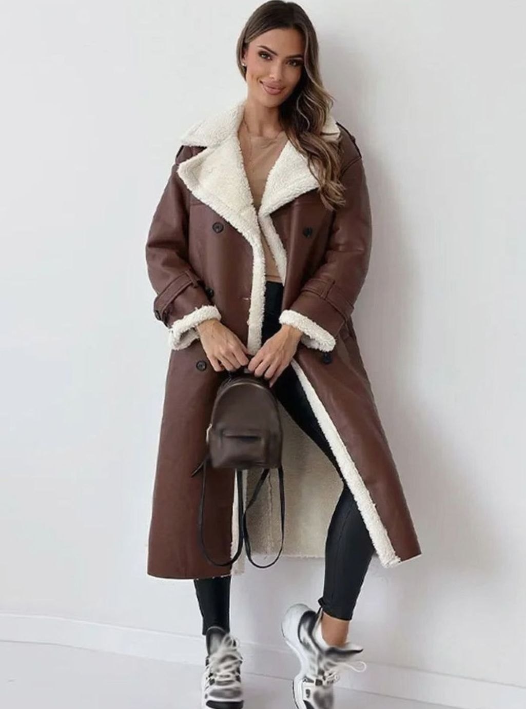 Lorene long double-breasted faux shearling winter coat, front view