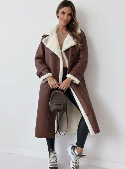 Lorene long double-breasted faux shearling winter coat, front view