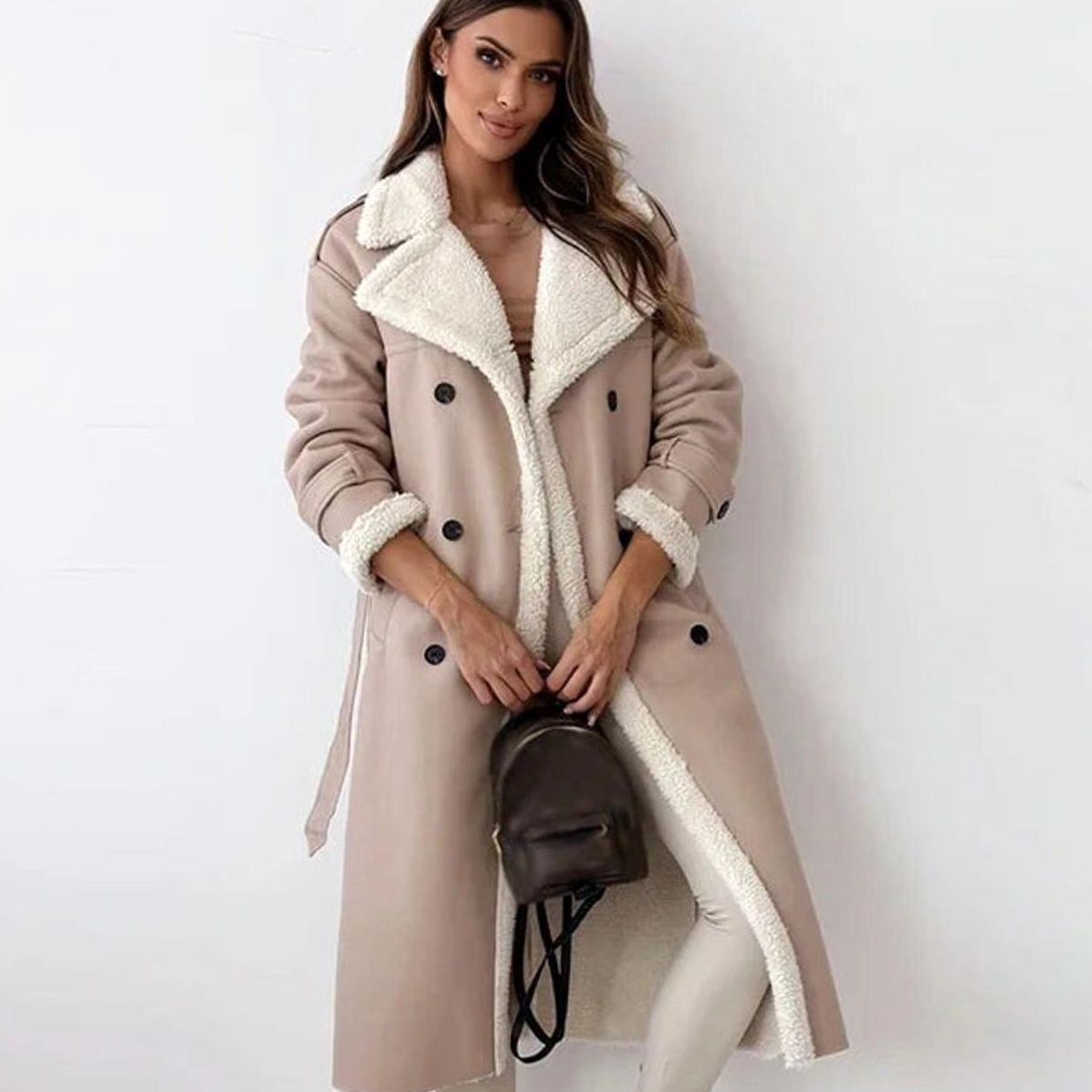 Long double-breasted faux shearling winter coat, back view