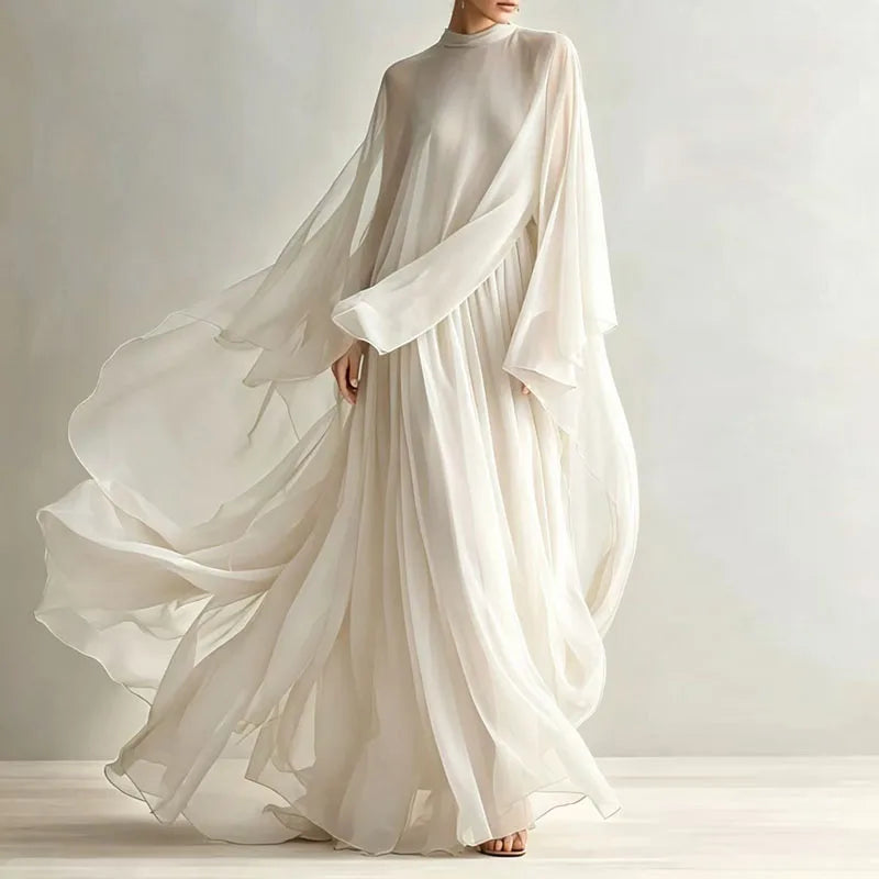Lorinda cape-sleeve pleated maxi dress in white, front view