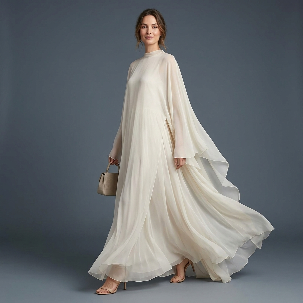 Cape-sleeve pleated maxi dress, view 3