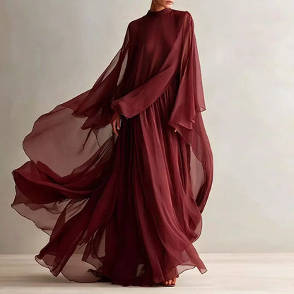 Cape-sleeve pleated maxi dress in wine red