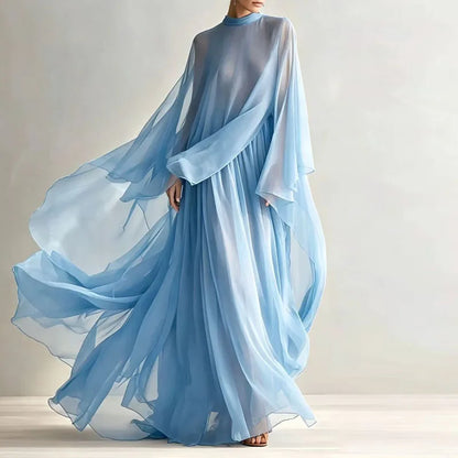 Cape-sleeve pleated maxi dress in blue