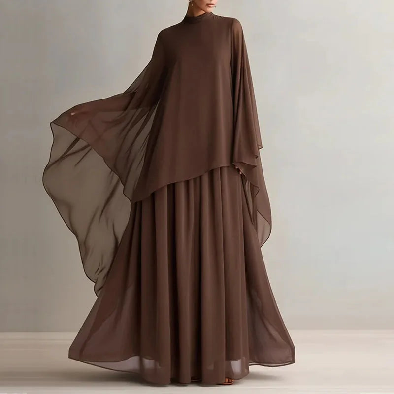 Cape-sleeve pleated maxi dress in coffee