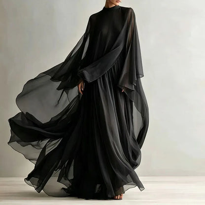 Cape-sleeve pleated maxi dress in black