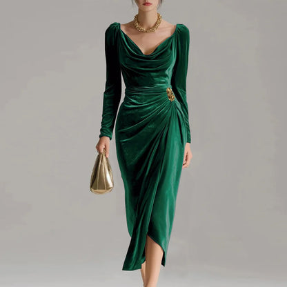 Cowl neck midi dress showing draped neckline