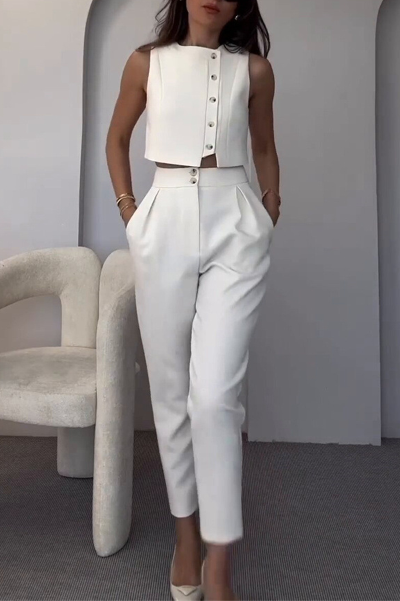 Sleeveless button-detail two-piece set, side view