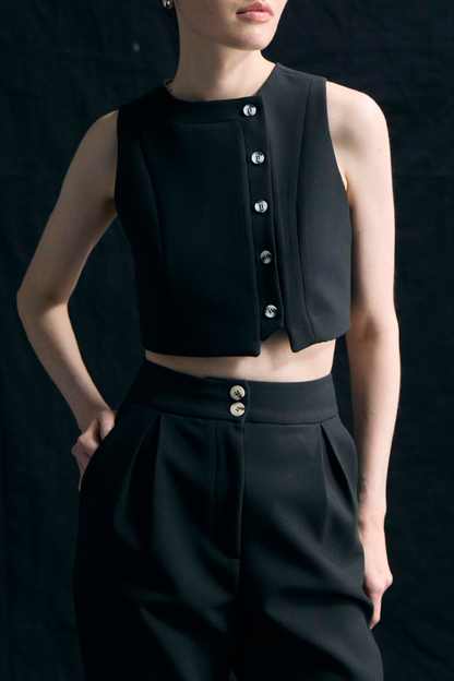 Sleeveless button-detail two-piece set, full-length view
