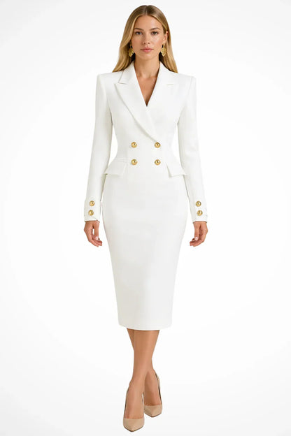 Blazer midi dress with gold buttons in white