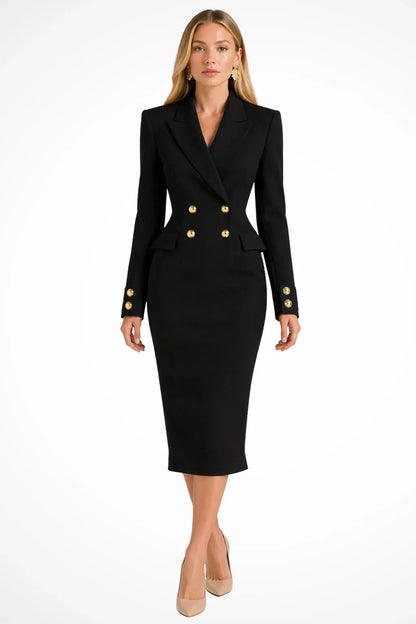 Blazer midi dress with gold buttons in black