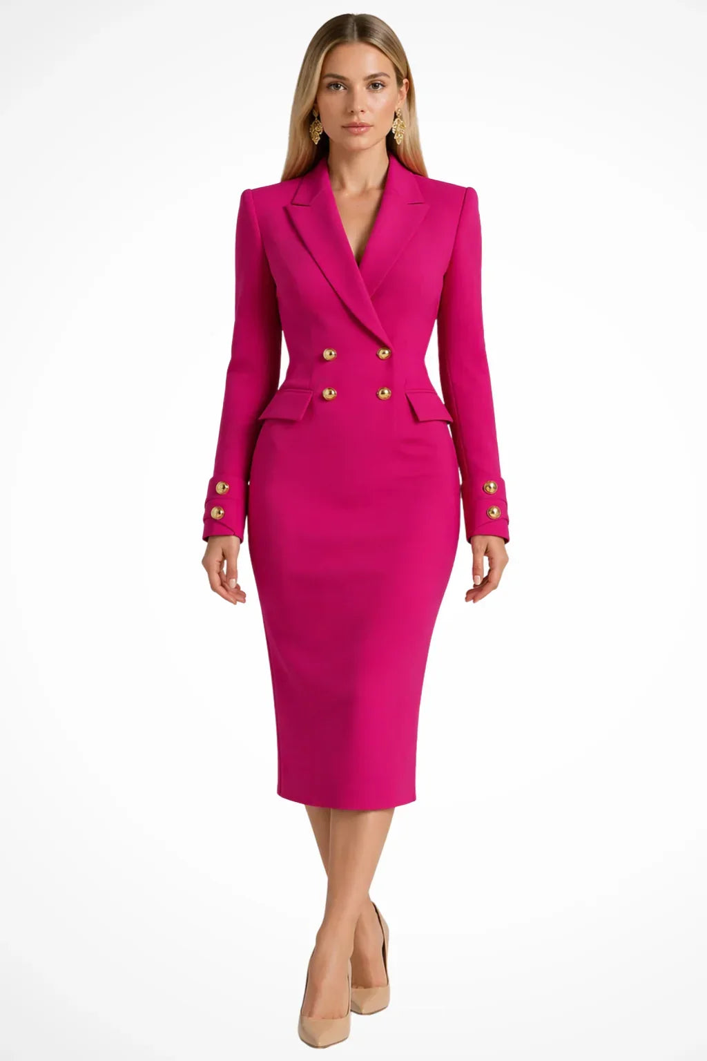 Blazer midi dress with gold buttons in rose pink