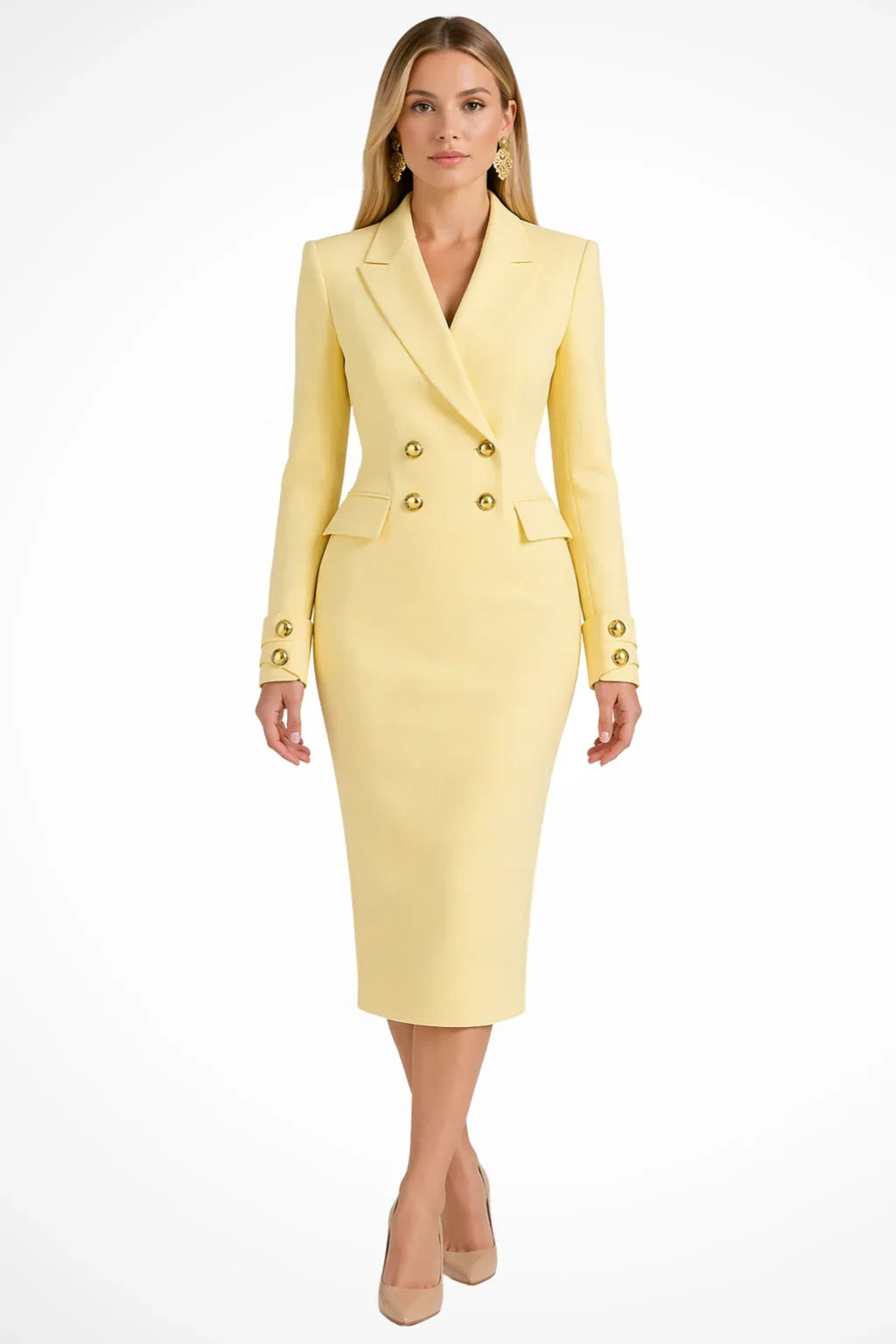 Blazer midi dress with gold buttons in yellow