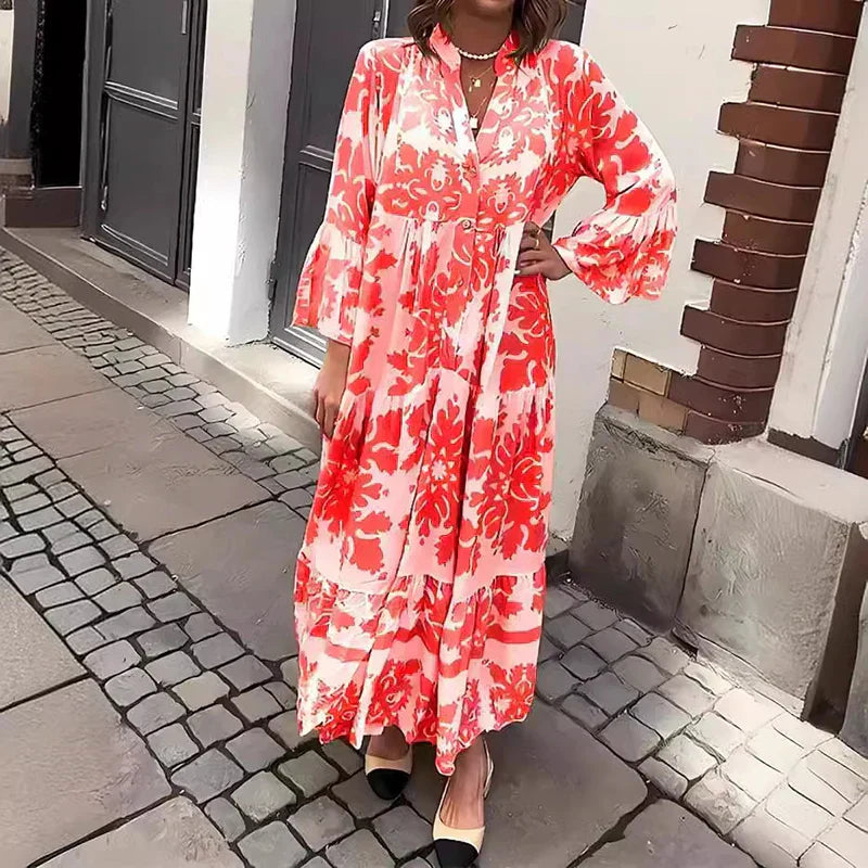 Floral maxi dress showing V-neckline and print