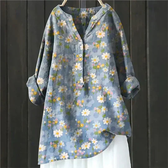 Floral tunic showing rollable sleeve detail