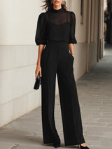 Mamie black sheer blouse, camisole and wide-leg trouser set, front view