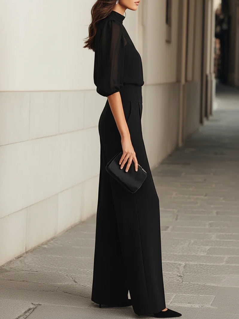 Black sheer blouse, camisole and wide-leg trouser set, back view