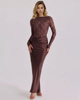 Martha long sleeve lace and satin wedding guest maxi dress in chocolate