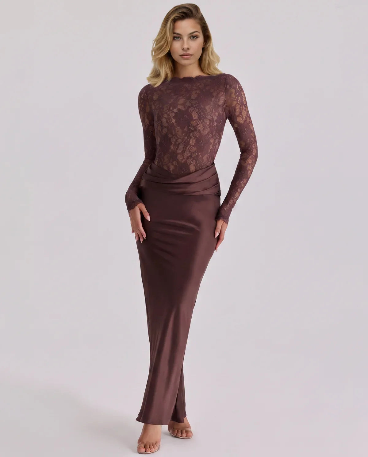 Martha long sleeve lace and satin wedding guest maxi dress in chocolate