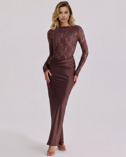 Martha long sleeve lace and satin wedding guest maxi dress in chocolate