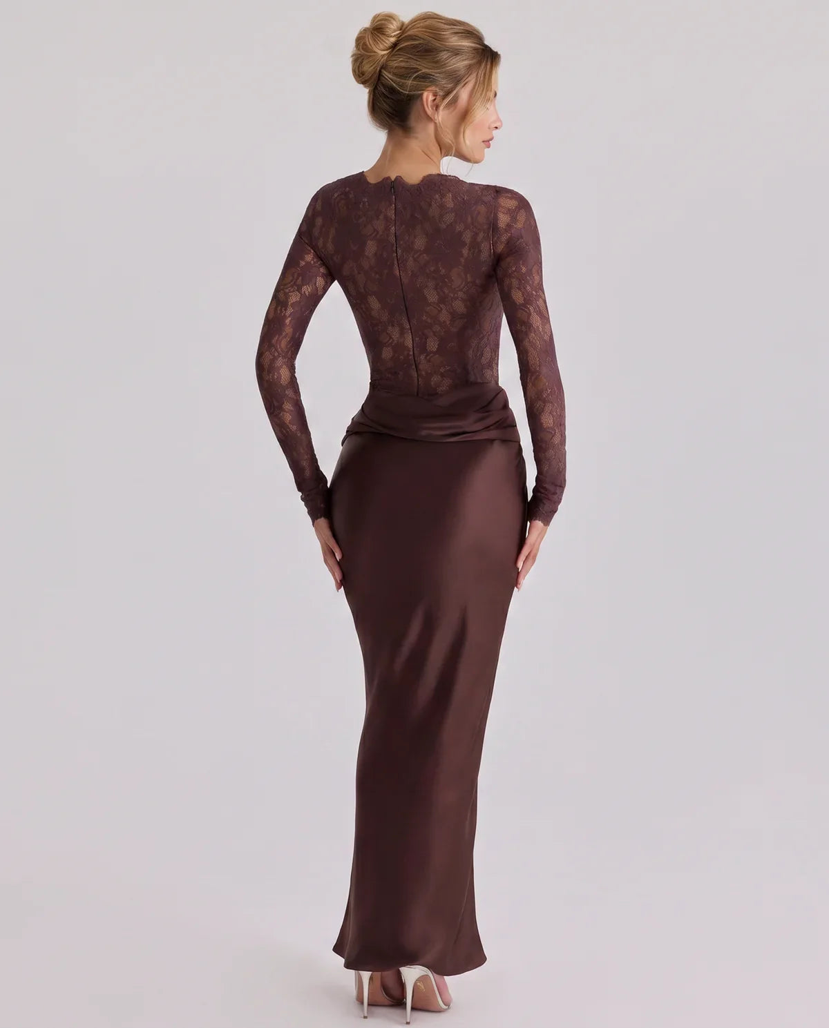 Long sleeve lace and satin wedding guest maxi dress, side view