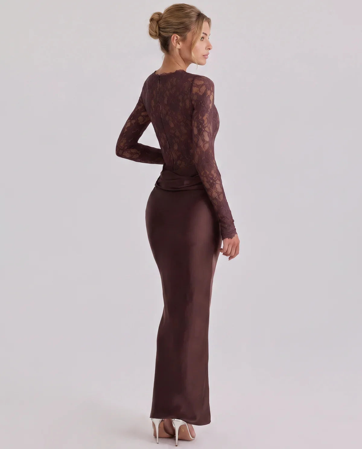 Long sleeve lace and satin wedding guest maxi dress, back view