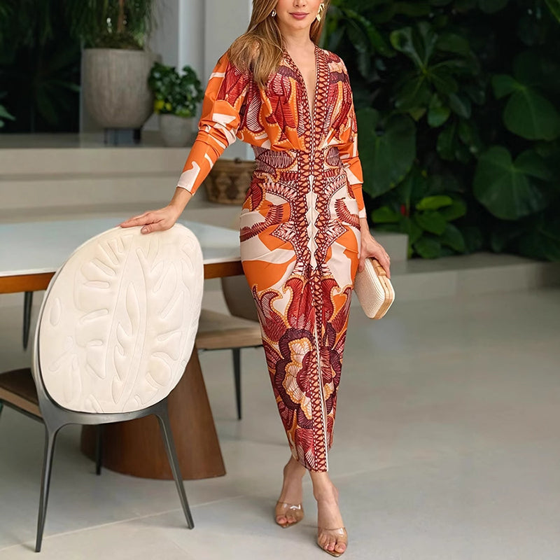 Bold floral maxi gown with long sleeves, front view