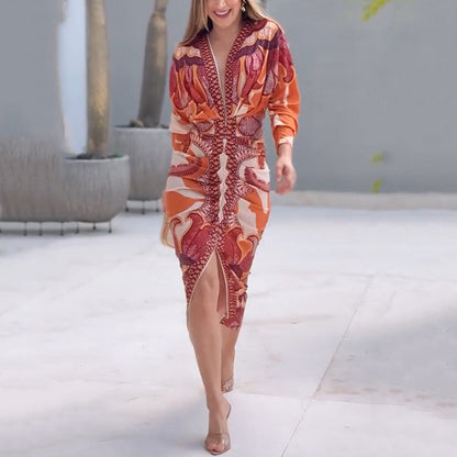Bold floral wedding guest gown, side view