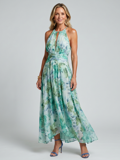 Pleated halter maxi gown in green floral, front view