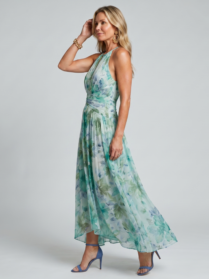 Halter maxi gown showing pleated skirt detail