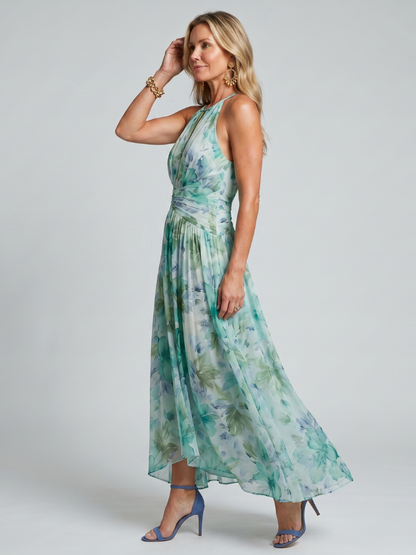 Halter maxi gown showing pleated skirt detail