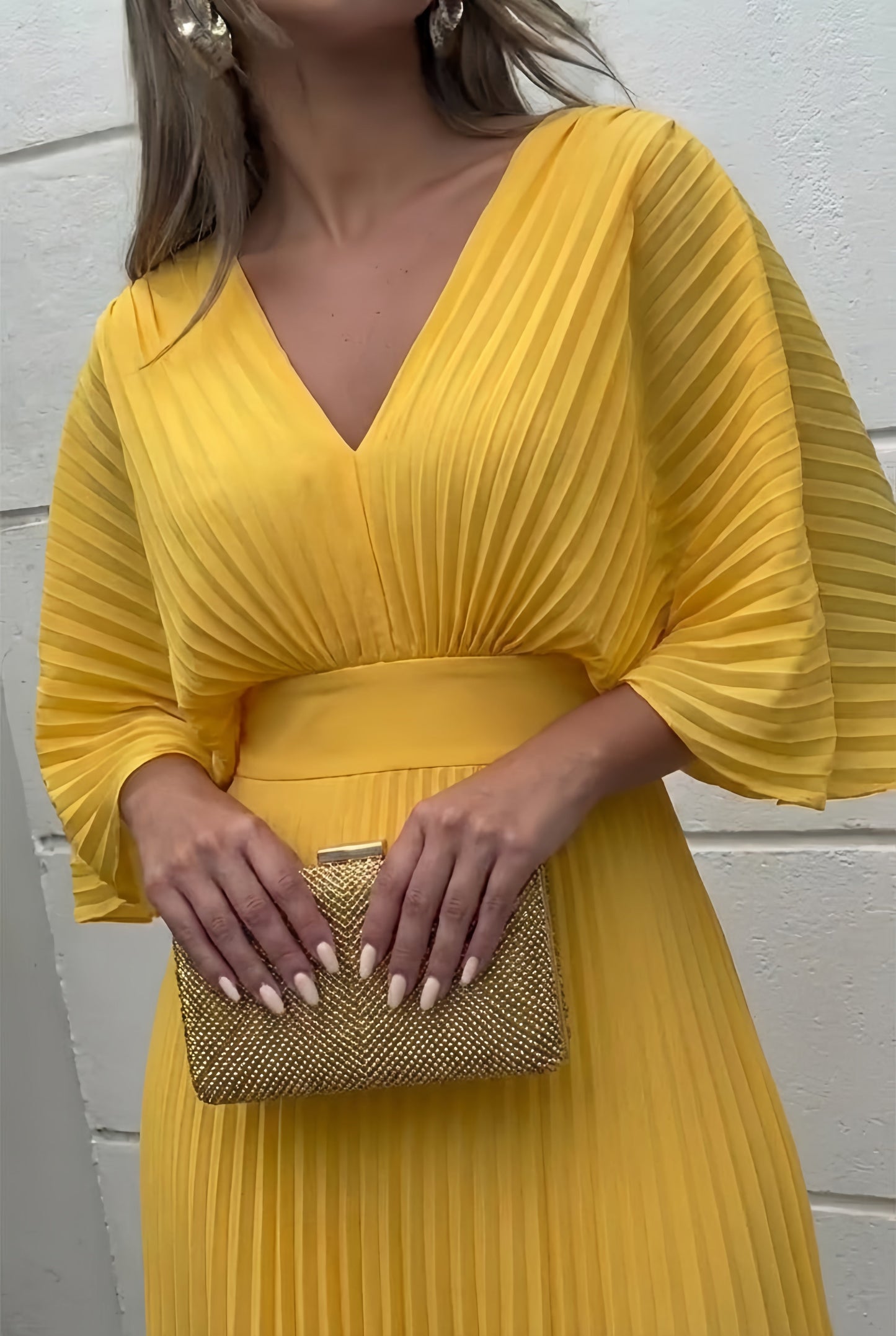 Pleated V-neck maxi gown, back view