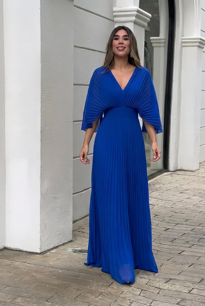 Pleated V-neck maxi gown, detail view