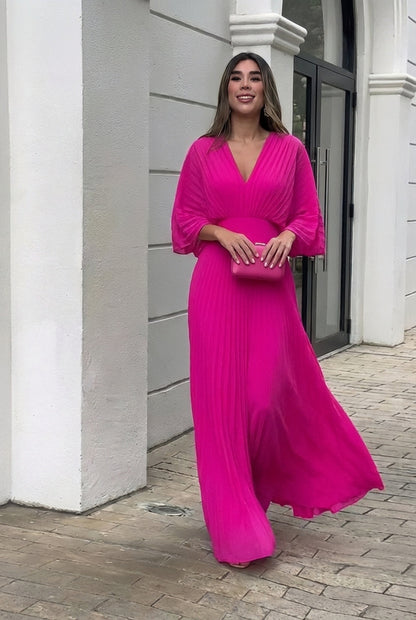 Pleated V-neck maxi gown, full-length view