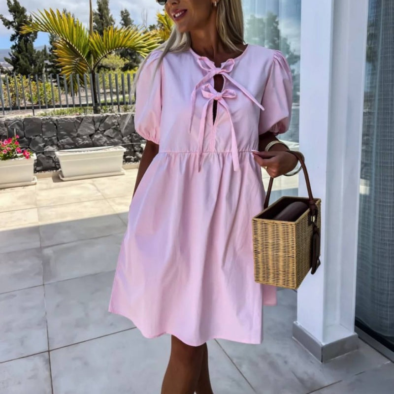 Light blue puff sleeve midi dress front view