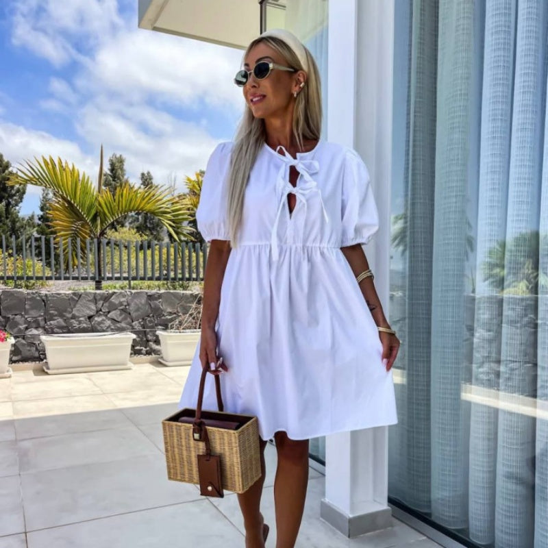 Puff sleeve midi dress side view