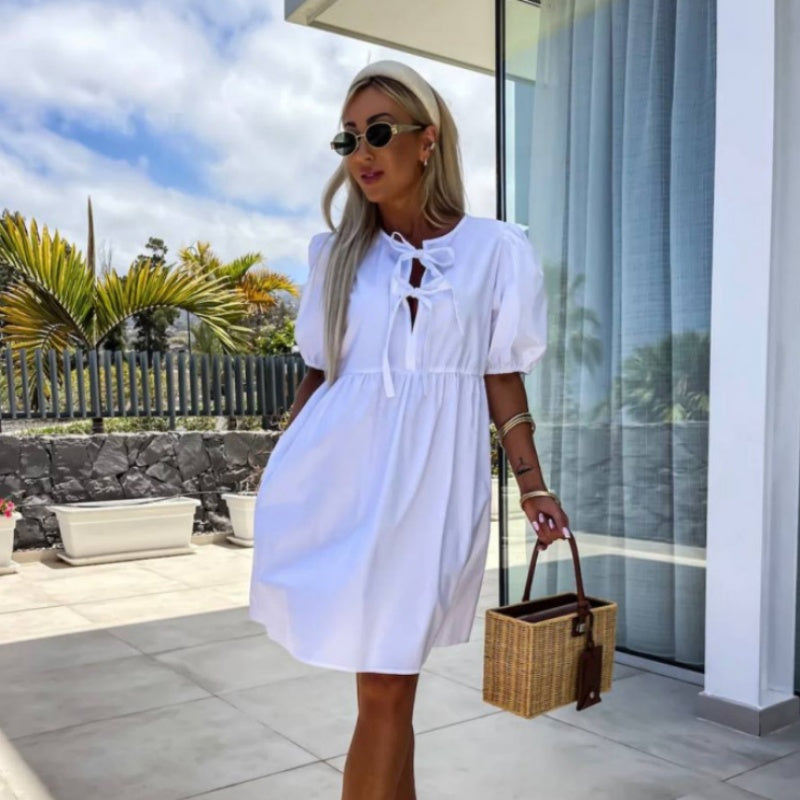 Periwinkle A-line midi dress with bow