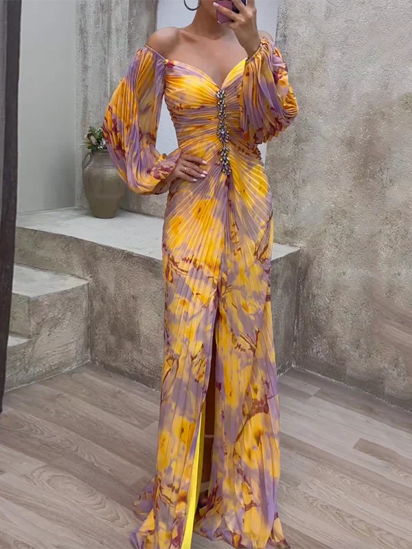 Off-shoulder long sleeve maxi dress, front view