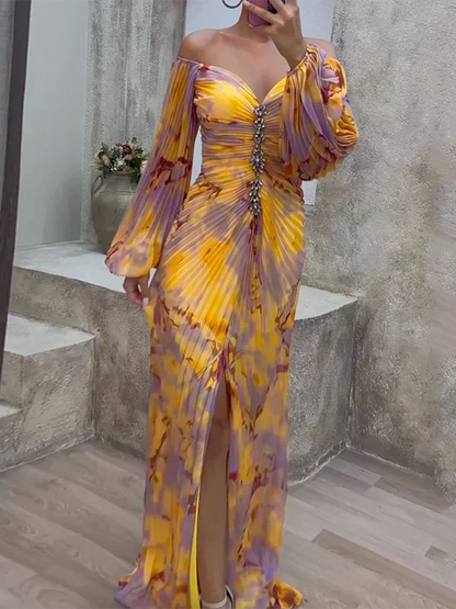 Off-shoulder maxi dress showing draped neckline
