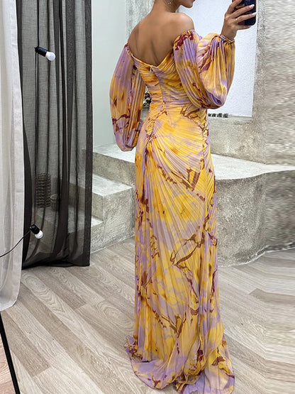 Off-shoulder printed maxi dress, side view