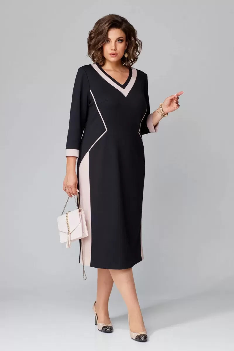 Contrast V-neck midi gown in navy, front view