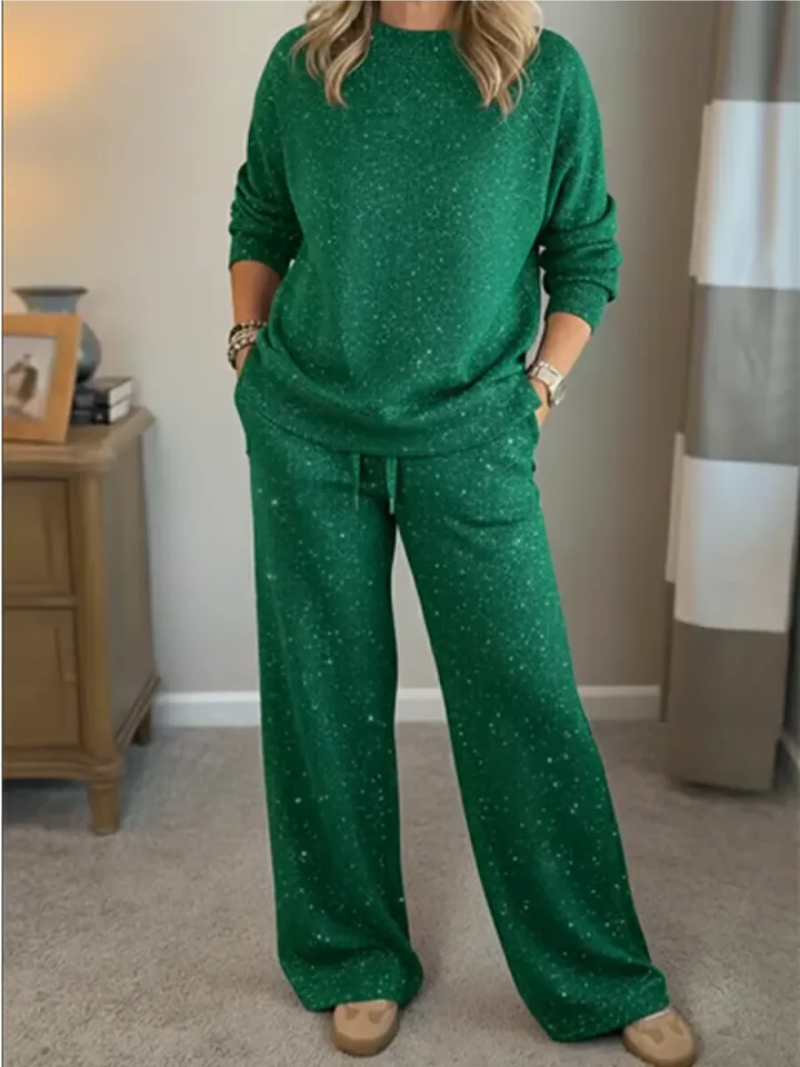 Ribbed knit sweater and trouser lounge set, side view