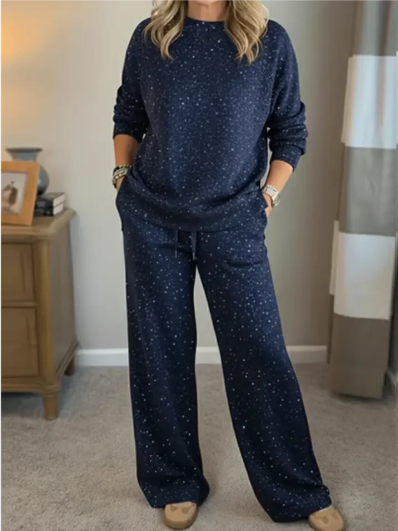 Ribbed knit sweater and trouser lounge set, back view