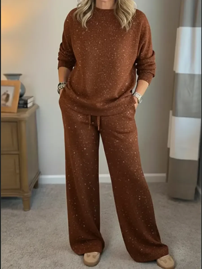 Ribbed knit sweater and trouser lounge set, detail of the sweater