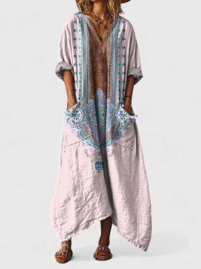 Paisley maxi dress showing cocoon silhouette