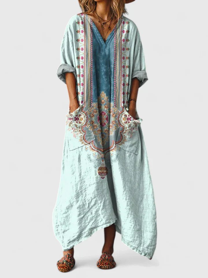 Boho paisley maxi dress showing three-quarter sleeve